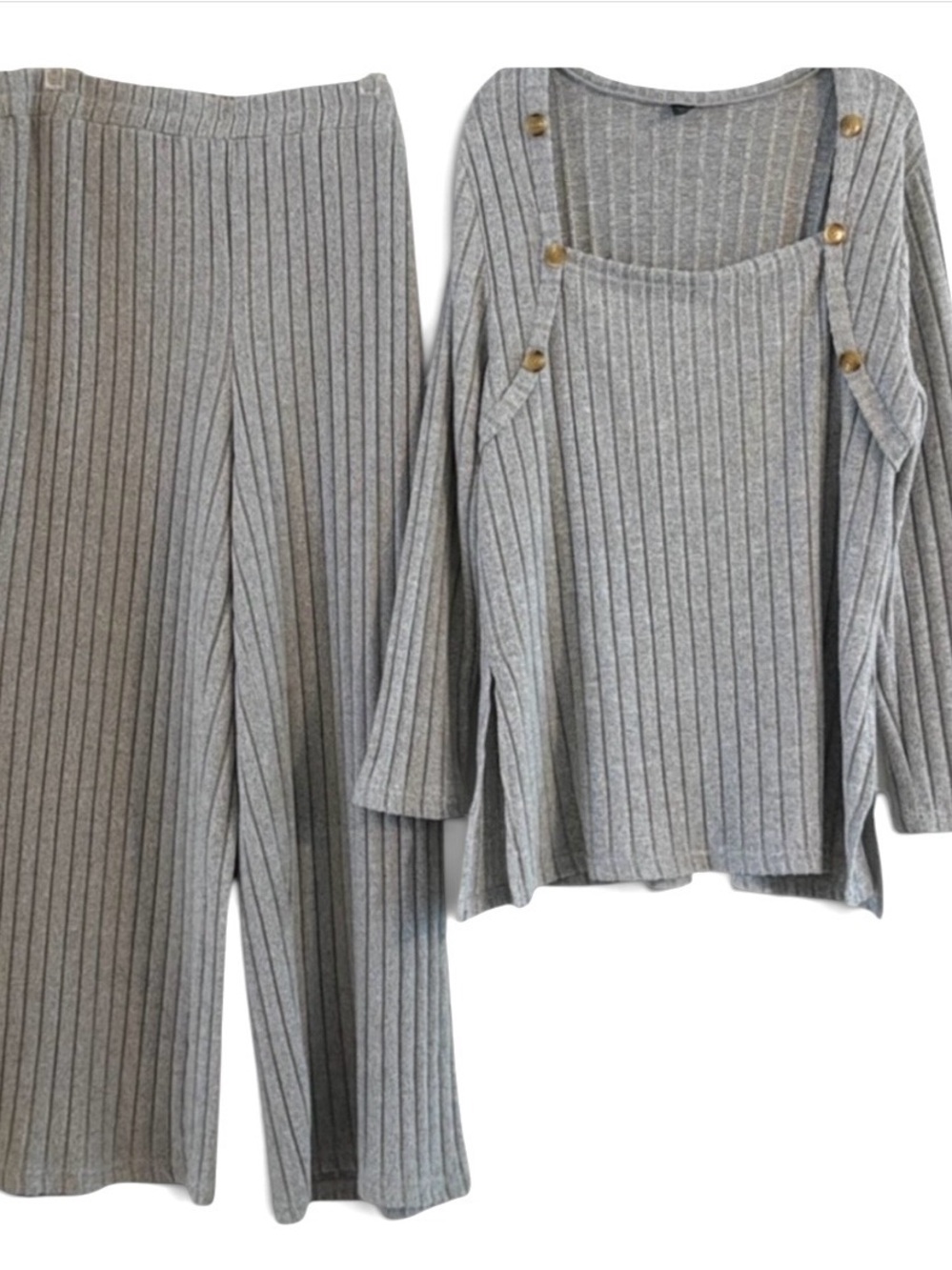 SHEIN Heather Gray Ribbed Wide-Leg Pants & Button-Accent Top Set Fits US Size 20